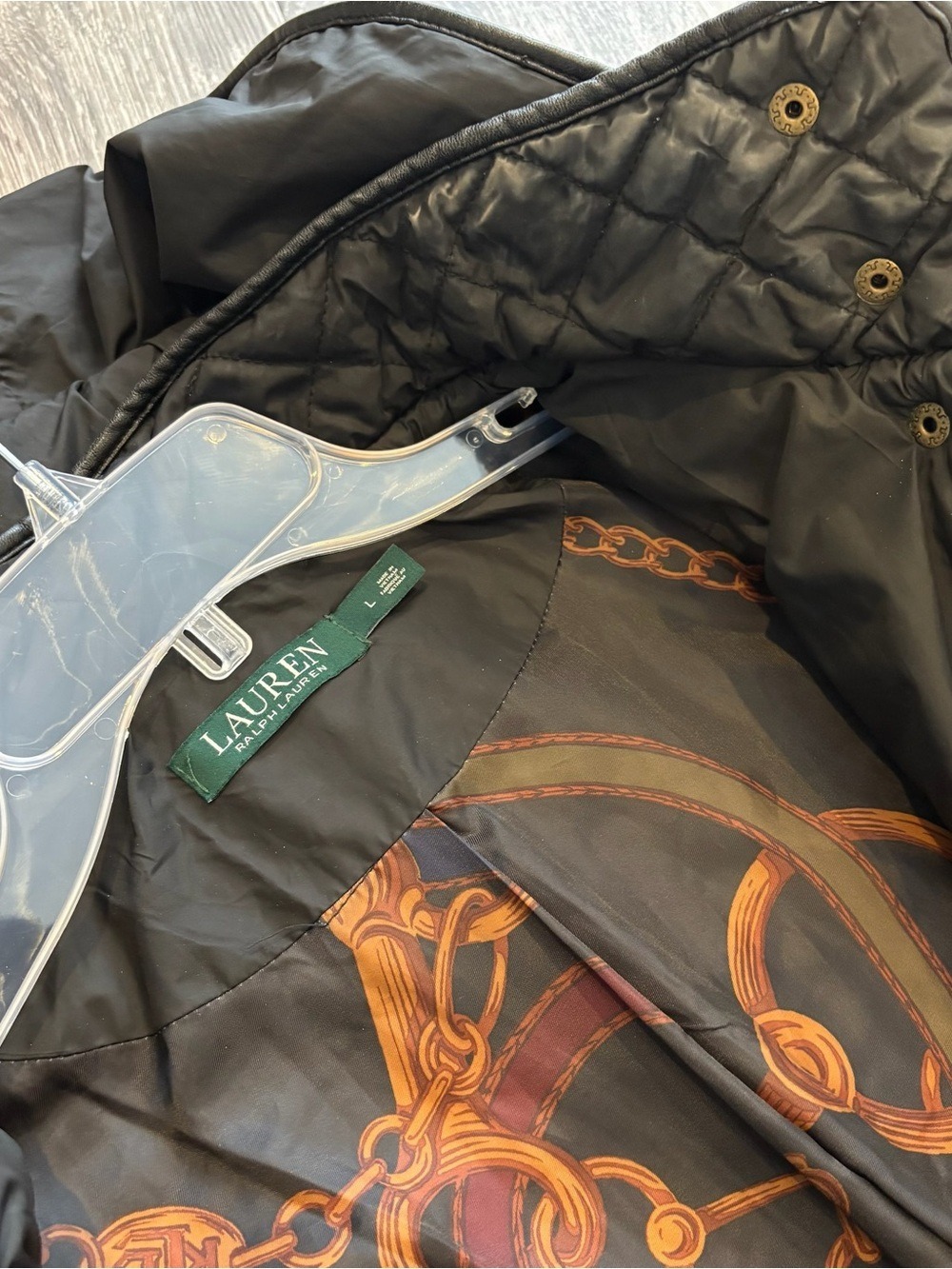 Lauren Ralph Lauren Black Quilted Coat with Gold Chain Print Lining Size L - Picture 4 of 7